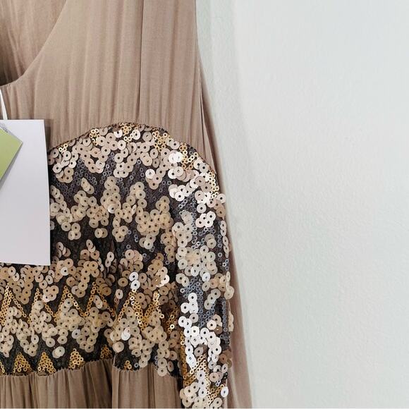 NWT Sarah Tempest Tan Sequin & Ruffle High Low Midi Dress Medium Lagenlook - Picture 8 of 14